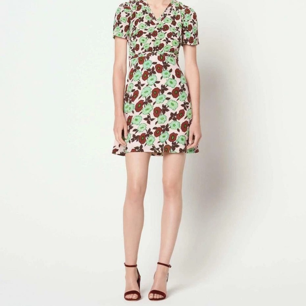 Sandro Antropique Floral 100% Silk Mini Dress Womens 36 US 4 V-Neck Short Sleeve